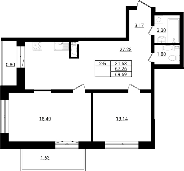 2-комнатная квартира 69.69 м², 2/9 эт., ЖК «Эко Гармония»